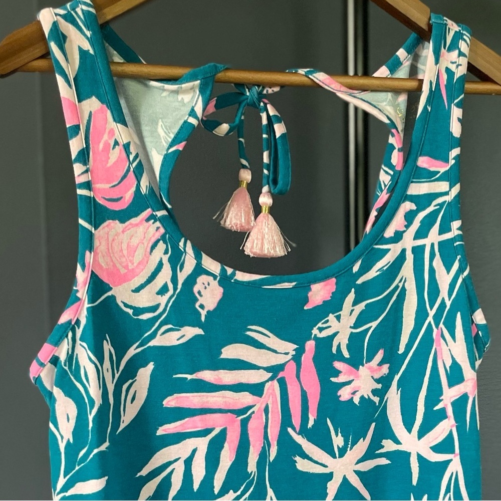 Lilly Pulitzer Teal & Pink Sleeveless Scoopneck Tropical Floral Tank, Tassel Tie - Picture 4 of 10